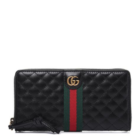 GUCCI Calfskin Web Trapuntata GG Zip Around Wallet Black 